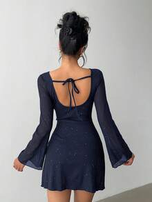 Aloruh Elegant Bowknot Backless Sexy Glitter Fabric Fitted Mini Dress Navy Blue Elegant Dress Open Back Dresses - Navy Blue - View 1
