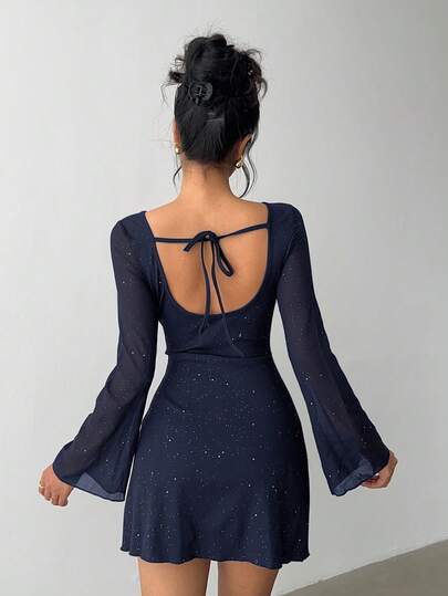 Aloruh Elegant Bowknot Backless Sexy Glitter Fabric Fitted Mini Dress Navy Blue Elegant Dress Open Back Dresses