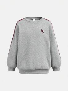 2件套少女黑色撞色宽松卫衣+裤子，加厚休闲日常时尚套装 - 灰色 - 查看 7