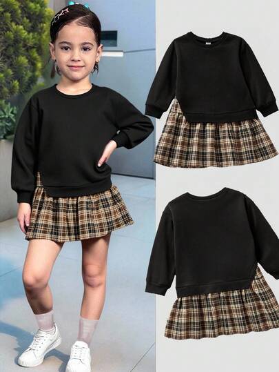 Firerie Kids Firerie Kids Vestido de sudadera con parches y falda a cuadros para niñas, moda retro versátil para uso casual diario