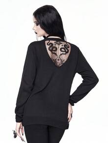 ROMWE Goth 女款哥特式花卉蛇纹印花网眼拼接轻薄开衫 - 黑色 - 查看 4