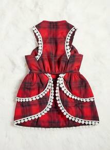 PETSIN 1 件宠物圣诞红色格子蝴蝶结蕾丝甜美风格狗狗连衣裙 - 紅色 - 查看 3
