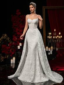 Glamrae Elegant Luxurious Stretchy Lace Mermaid Skirt With Backless Spaghetti Straps, Suitable For Weddings, Parties, Vacations, Proms, Honeymoons, Bridal Gowns - Beige - View 6