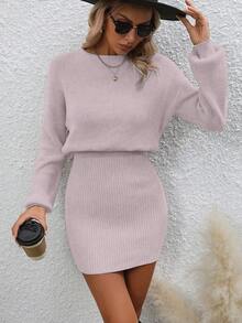 EMERY ROSE Women's Solid Color Round Neck Drop Shoulder Long Sleeve Casual Knit Dress, Autumn/Winter - Dusty Pink - View 6