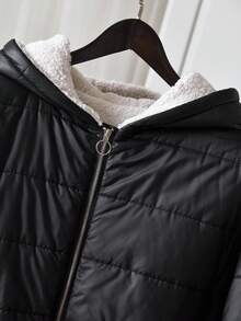 SHEIN CURVE+ Plus Size Women Hooded Thickened Fleece Jacket, Sherpa Lining, Winter Coat - Black and White - View 3