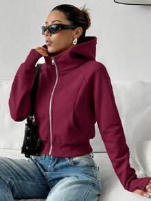 SHEIN EZwear بلوزة رياضية نسائية بسحاب باللون البرغندي، بأكمام راجلان، مناسبة لحفل التخرج في الخريف/الشتاء، العودة إلى المدرسة، زي موحد للمعلمات النسائية، خريفية للنساء - عنابي اللون - مشاهدة 7