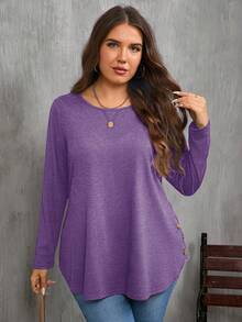SHEIN Clasi Áo thun nữ tay dài cổ tròn màu trơn cỡ lớn thiết kế nút bên hông - Màu tím - Xem 5
