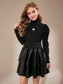 SHEIN 2件套 少女休闲圣诞新年红色T恤和红色格子裙 - 黑色 - 查看 4