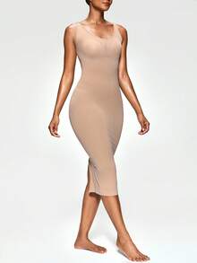 SHAPORA Women's Solid Color Casual Top Style Bodycon Dress - Apricot - View 5