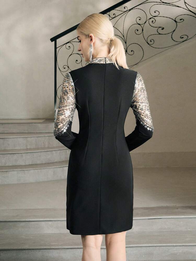Women's Elegant Luxury Beaded Long Sleeve Dress