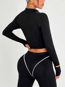 Dewbera Women's Seamless Black Long Sleeve T-Shirt, White Stripe Design, Suitable For Fitness, Yoga, Daily Wear Women Two Piece Sets Leggings Black 2 Piece Set Athletic Two Piece Set Y2k Tights Two Piece Set Women Sporty Two Piece Set Long Sleeve Workout Set Curve Activewear Set - Black and White - View 2