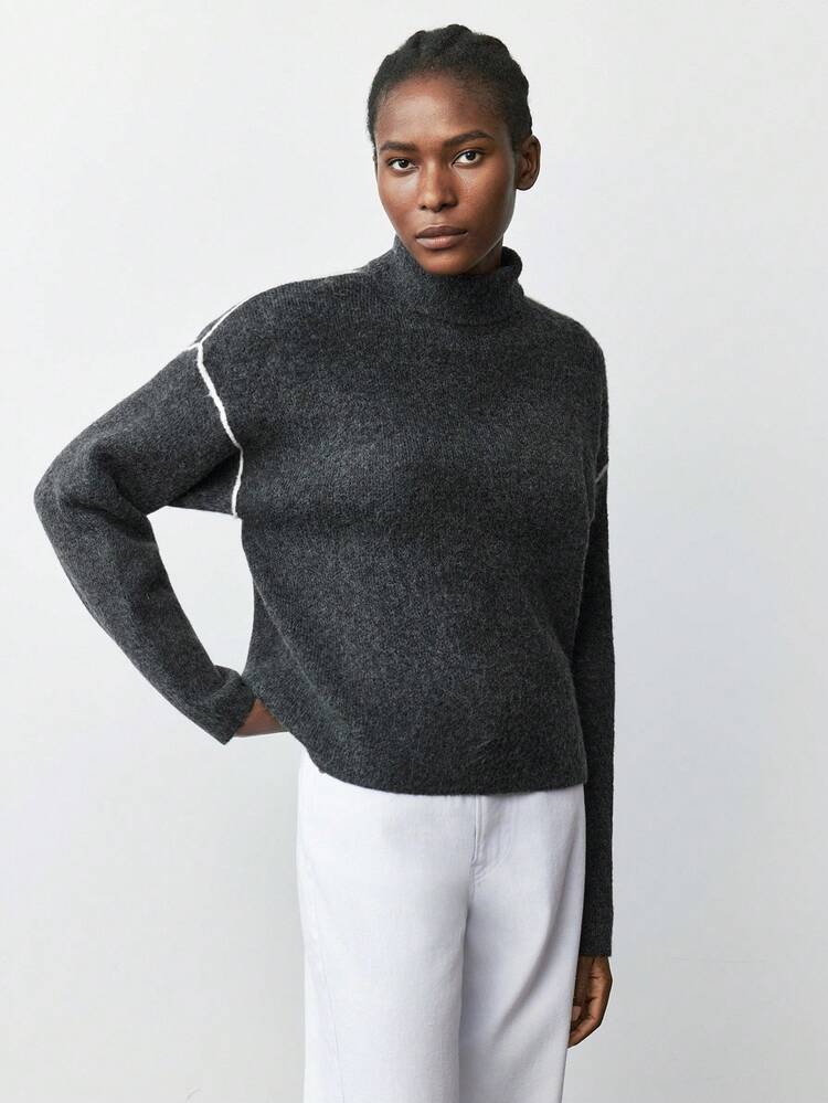 SHEIN Maija 2025 Pull ample à motif de ligne artistique color block pour femmes en automne, automne femmes, Halloween, élégant, gothique, color block, col montant, manches longues, décontracté chic, hauts décontractés, style Old Money, pull classique et porté