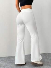 SHEIN PETITE Women's Casual Gray Knitted Elastic Waist Flared Sweatpants Wide Leg Sweatpants White Beach Pants Women White Pants White Sweat Pants White Flare Pants