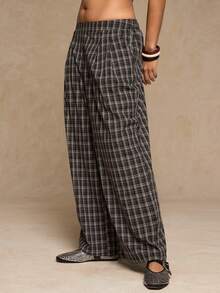 Freevana Karohose in Übergröße, modische Palazzo-Hose mit Falten und Taschen, locker geschnitten, gerades Bein, karierte Palazzo-Hose, Damen-Western-Gothic-Kleidung