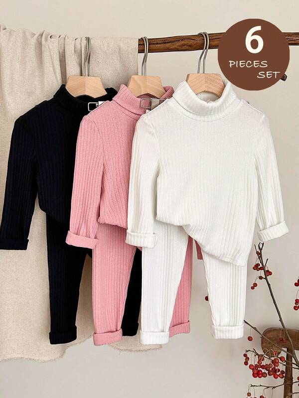 LMoss Kids Conjunto de 6 piezas de camiseta casual de punto de cuello alto y pantalones de unicolor para niña
