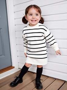 女婴简约条纹长裙，休闲外出皆宜 - 白色 - 查看 1