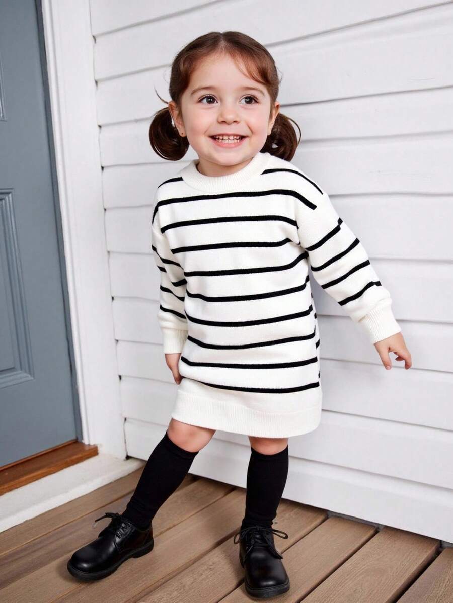 女婴简约条纹长裙，休闲外出皆宜 - 白色 - 查看 1