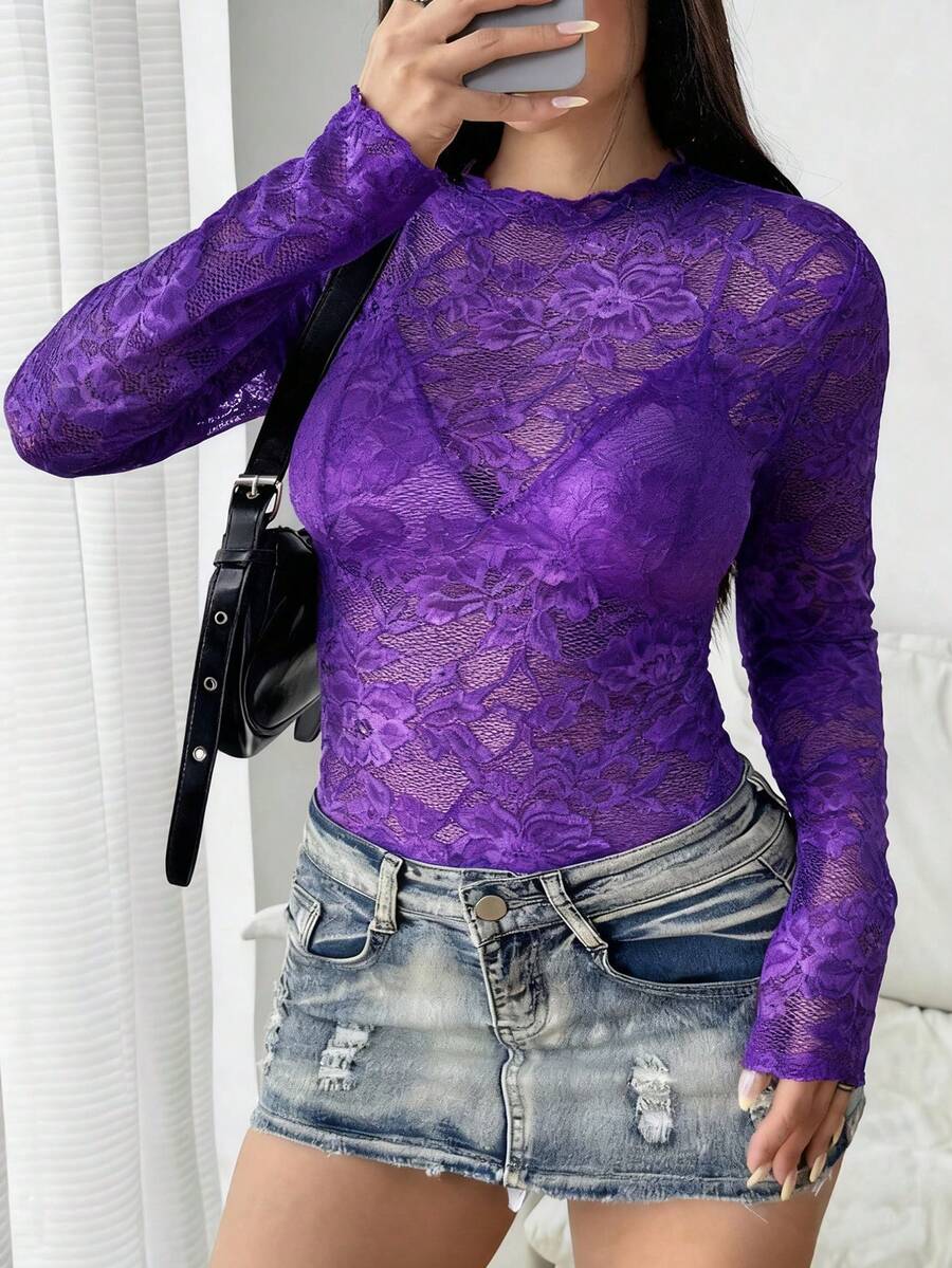 SHEIN Tall 大尺碼女款性感透視蕾絲長袖圓領休閒修身彈性高低下擺T恤，優雅女上衣 - 紫色 - 查看 1