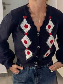 Vivie Lora Women's Geometric Rhombus Pattern Cardigan - Black - View 2