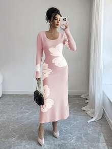 Elenzga 方领提花针织紧身腰毛衣连衣裙 - 粉色 - 查看 3