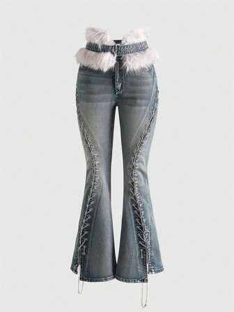 Grunge Punk Jeans acampanados con cinturón de cintura con pelo estilo Y2K Babe