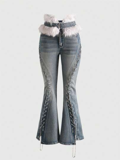 Grunge Punk Jeans évasés Y2K Babe avec ceinture taille fourrure