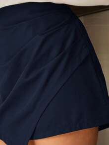 SHEIN Privé 大码女式纯色褶皱不对称下摆休闲阔腿裤 - 藏蓝色 - 查看 7