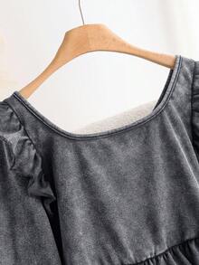CosyJoli Áo thun cổ vuông tay bồng cỡ lớn, thắt nơ, dài tay, mặc hàng ngày đa năng - Màu xám đen - Xem 7