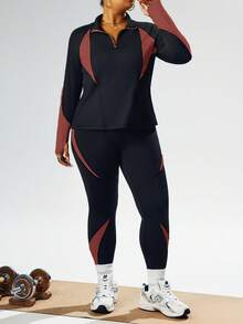 SHEIN Sports 加大码 Neon Splice 两件套，半拉链长袖修身运动衫（带拇指孔）和紧身高腰打底裤 - 彩色 - 查看 4