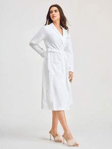 Bonmuse 1 buah Jubah Wanita Flanel Warna Polos Elegan Leher V Lengan Panjang Berpinggang, Musim Gugur/Musim Dingin, Untuk Musim Gugur Musim Dingin, Lembut untuk Musim Panas - Putih - View 1