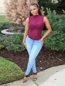 Steph T Top corto con cuello alto, adornado con cristales, para fiestas, clubes y eventos nocturnos. Camiseta de tirantes con brillos y malla, elegante y glamurosa para baile y ocasiones especiales