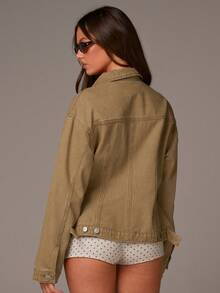 Athîral Women's Casual Washed Denim Jacket, Autumn - Khaki - View 3