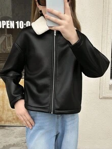SHEIN 少女秋冬街头时尚PU复合材质保暖内衬撞色领加厚机车夹克，适合秋冬季日常穿着，Y2K风格 - 黑色 - 查看 11