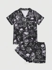 ROMWE Gothic Skull & Rose All-Over Print Cardigan Shirt & Shorts Pajama Set - Black - View 1