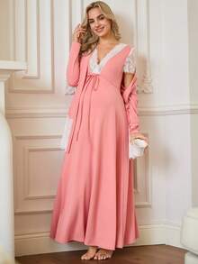 SHEIN 2pcs Maternity Contrast Lace Long Sleeve Robe And Front Tie Short Sleeve Dress Elegant Set