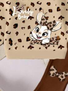 两件套可爱豹纹兔子图案卫衣和喇叭裤套装，适合女婴，舒适的秋冬及圣诞节服装 - 彩色 - 查看 6