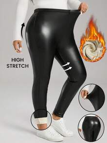 SHEIN LUNE Quần legging PU trơn màu cỡ lớn có lớp lót giữ nhiệt, ấm áp - màu đen - Xem 1