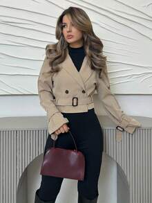 Jemour 女式卡其色短款休闲宽松夹克（配腰带）、秋季外套、秋季大衣、秋装、邮轮女装、返校装 - 卡其色 - 查看 5