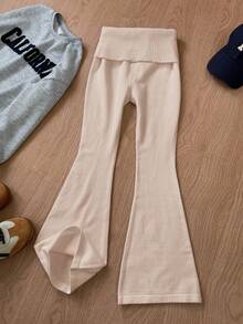 SHEIN Serisse Kids Pantalon en tricot évasé à taille haute simple et unicolore pour préadolescentes, couleur abricot, convient pour la maison, l'extérieur, le port casual quotidien. Pantalon évasé en tricot, pantalon évasé blanc, pantalon évasé abricot, pantalon en tricot côtelé abricot, pantalon en tricot blanc, pantalon évasé en tricot, pantalon évasé en tricot côtelé, assortis mère-fille, maman et moi, pour l'automne/l'hiver
