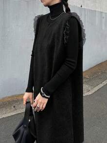 FRIFUL Women's Solid Color V-Neck Mesh Patchwork Ruffle Hem Straight Casual Dress