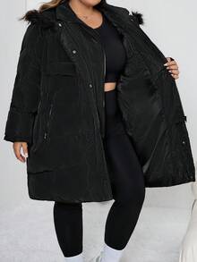 SHEIN CURVE+ 女士加大码加厚连帽抓绒外套，冬季 - 黑色 - 查看 13