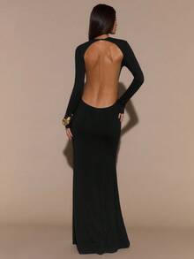 SHEIN BAE 纯棕色长袖性感露背修身优雅超长鱼尾连衣裙，优雅连衣裙，秋冬季超长针织连衣裙 - 黑色 - 查看 5