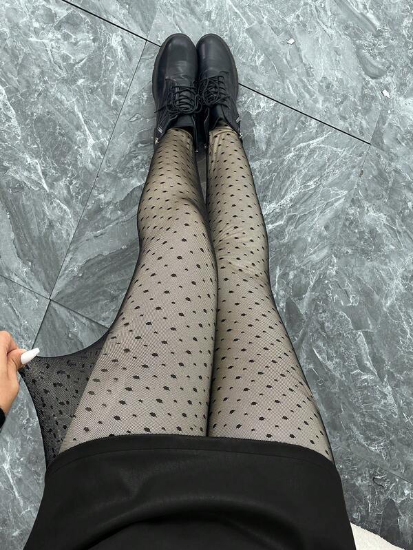 SHEIN LUNE Plus Size Women Elastic Waist Polka Dot Mesh Leggings, Fashionable And Versatile