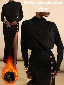 Vesra 金属扣装饰光泽纹理面料高领长袖褶皱肩腰高开衩优雅女式连衣裙 - 黑色 - 查看 3