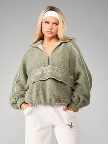 Missguided x Playboy Sage Green Sherpa Half Zip Sweatshirt With White Contrast Piping And Embroidered Text Detail For Fall Winter - Green - View 1