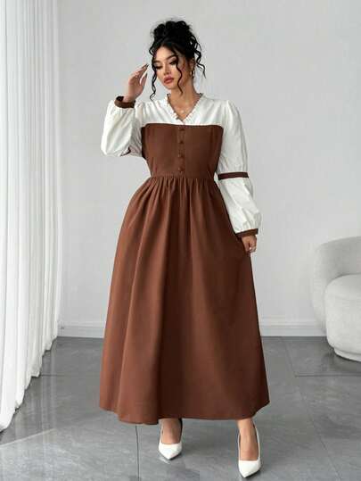 Elenzga 大码拼接腰身A字优雅连衣裙，淡紫色