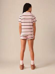 SUMWON Teen Girls Striped Polo Two Piece Co-Ord Summer Vacation High Fashion Casual Cozy Stripe Short Set Stylish Wear Preppy Outfit