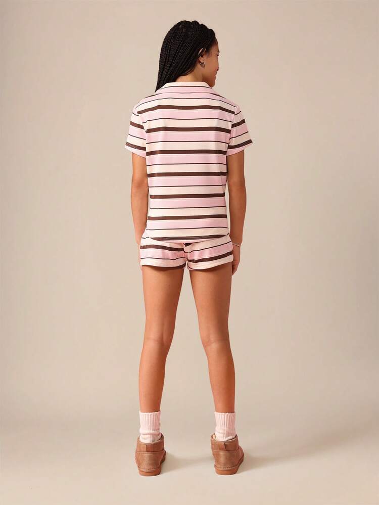 Striped Polo Collared Top With Matching High Rise Shorts