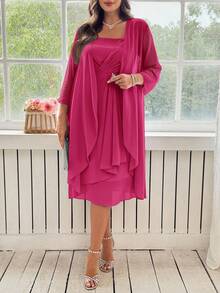 Ellevyn Conjunto de 2 piezas de vestido sin mangas con cintura ceñida y cárdigan de unicolor, talla grande - Rosa Fucsia - Ver 7