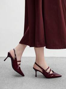 CUCCOO BIZCHIC 女士尖头细高跟酒红色后系带浅口鞋，露跟高跟鞋，适合户外、通勤、派对、宴会、办公室穿着 - 酒紅色 - 查看 5